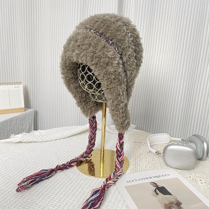 Color matching plush hat women's autumn and winter thickened warm and cold-proof small face outdoor knitted cold hat