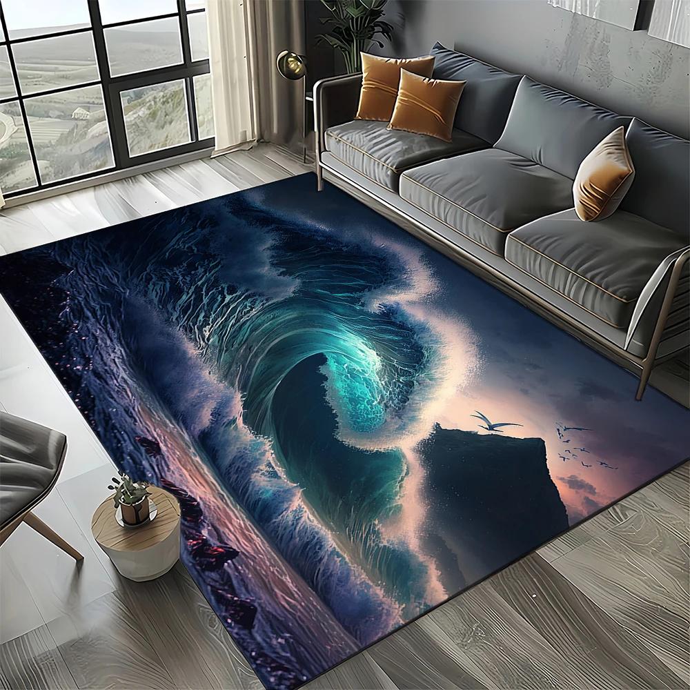 2025 New Style Blue Green Sea Wave Seawater Nature 3D Carpet Rug for Living Room Bedroom Home Sofa Decoration,Non-slip Floor Mat