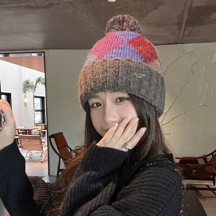 Wool hat women's fashion retro versatile color rhombus knitted hat autumn and winter new cold and warm hairball hat