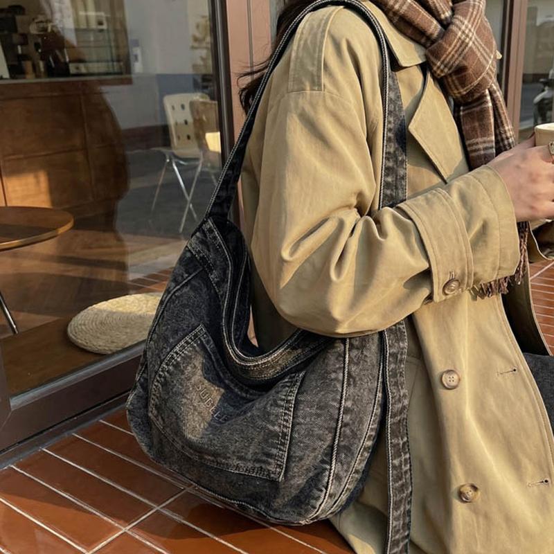 Fashion Large Capacity Simple Denim Women's Shoulder Bag High Quality Crossbody Bag Denim Fabric Female Handbag Underarm Bags