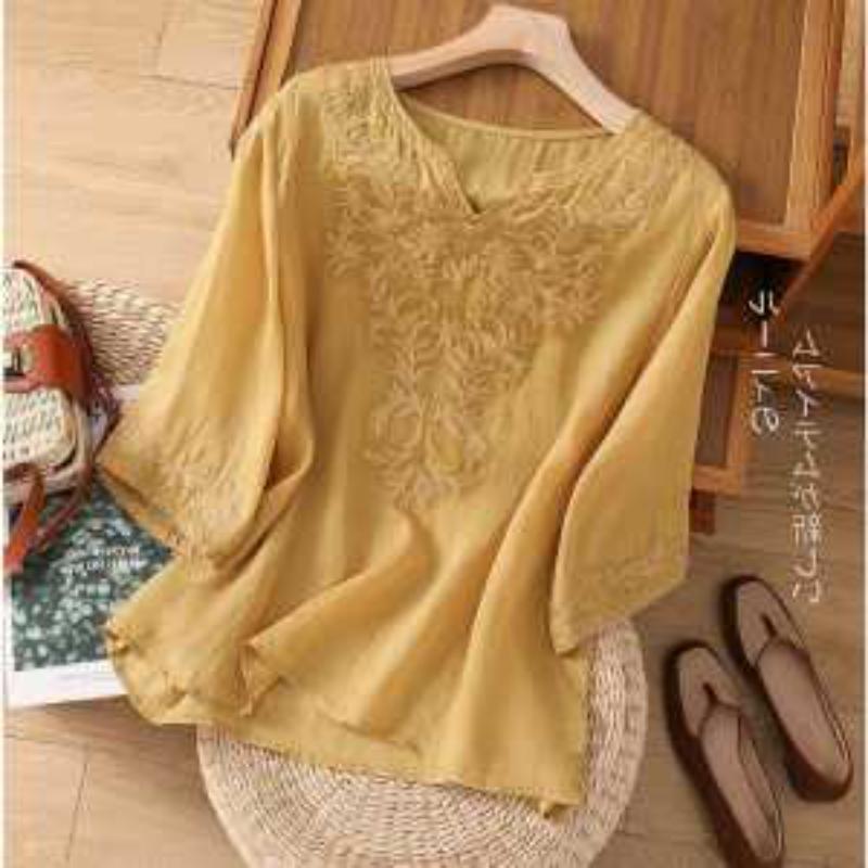 Solid Color Women's V Neck Embroidered Linen Blouse Casual 3/4 Sleeve Loose Fit Top