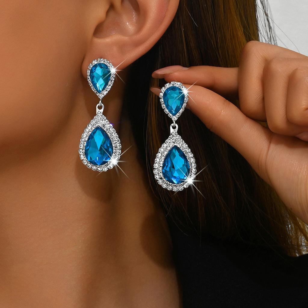 Exaggerated Bridal Wedding Earrings African Popular Ladies Diamond-encrusted Long Earrings Silver Tassel Earrings + Necklace + Jewelry