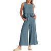 Women's Summer 2 Piece Outfits Sleeveless Pleated Ruffle Tank Top Wide Leg Cropped Pants Casual Loose Linen Matching Set with Pockets
