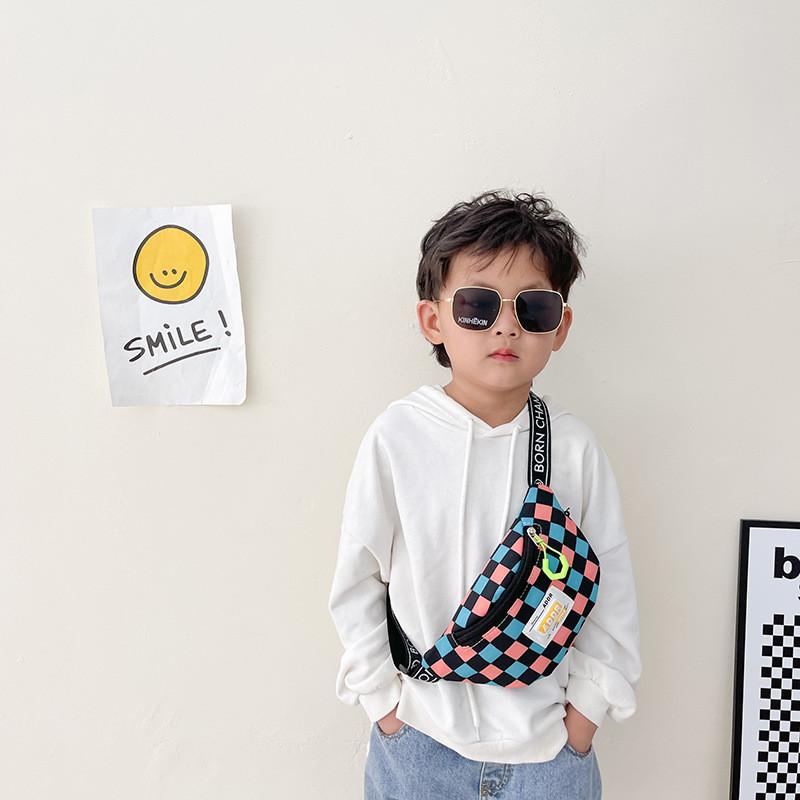 Stylish Children's Checkered Pattern Sling Bag Durable Canvas Crossbody Backpack With Large Capacity For Snacks