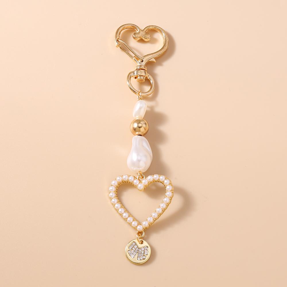 Cute Bowknot Love Heart Keychain Women Girl Pearl Beaded Key Ring Pendants for Handbag Decor DIY Handmade Key Chain Gift