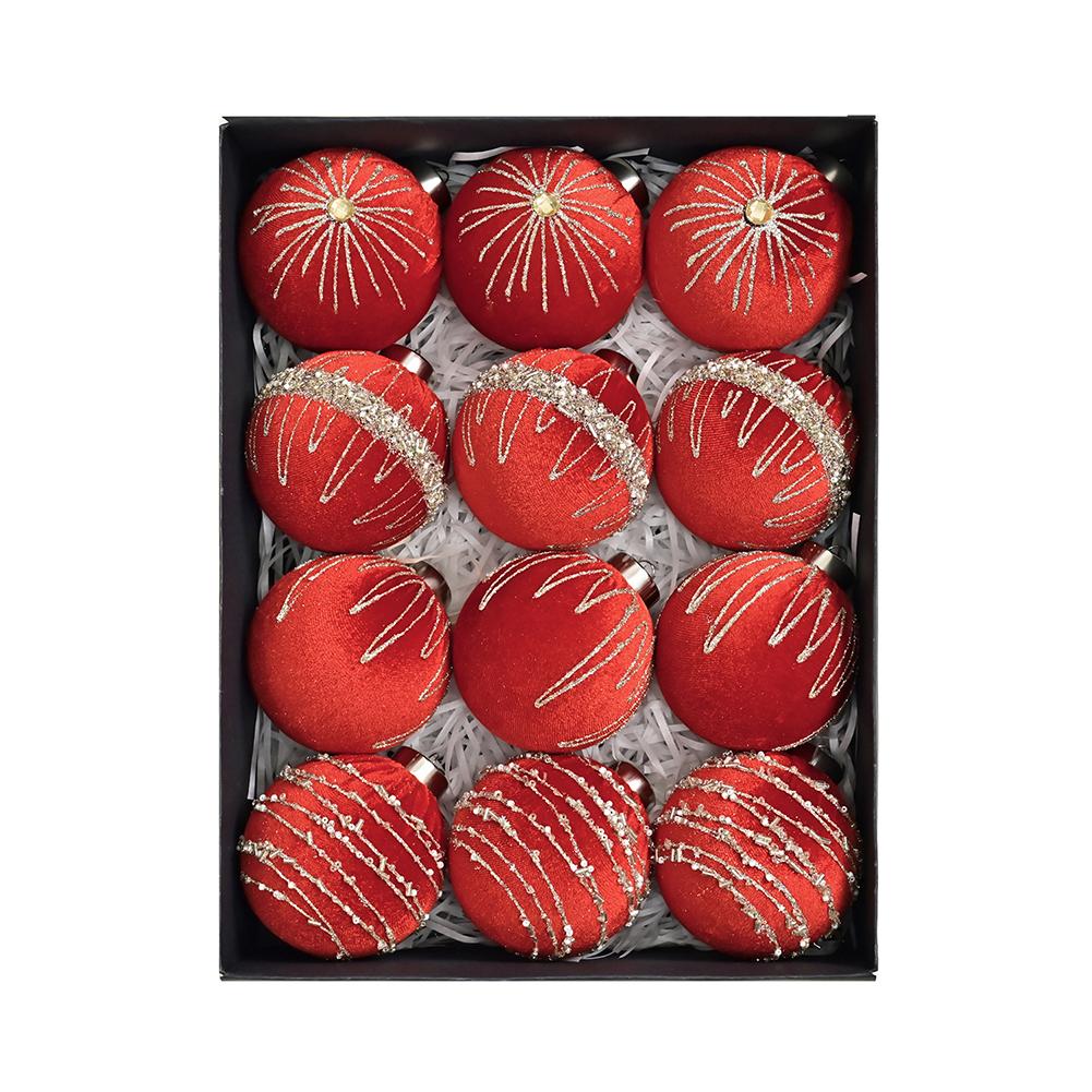 12pcs 8cm Christmas Tree Ornaments Set with Velvet Flocked Finish for Holiday Decoration Suitable for Trees Mantles and Events