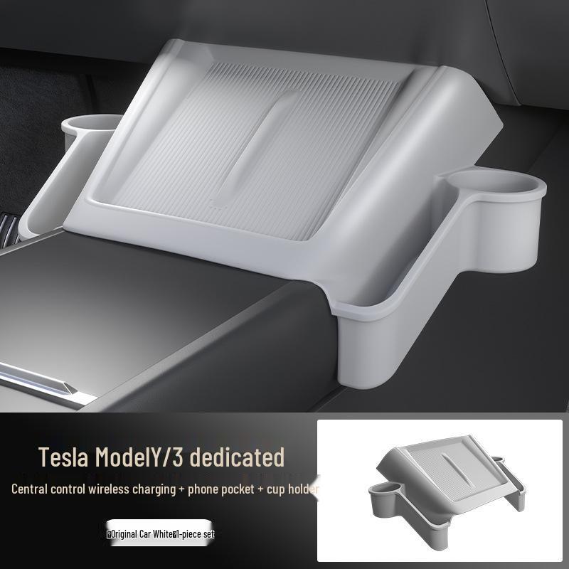 Tesla Wireless Charging Storage Pocket: Dustproof, Wear-resistant, Non-slip, Noiseless, with Dual Cup Holders.