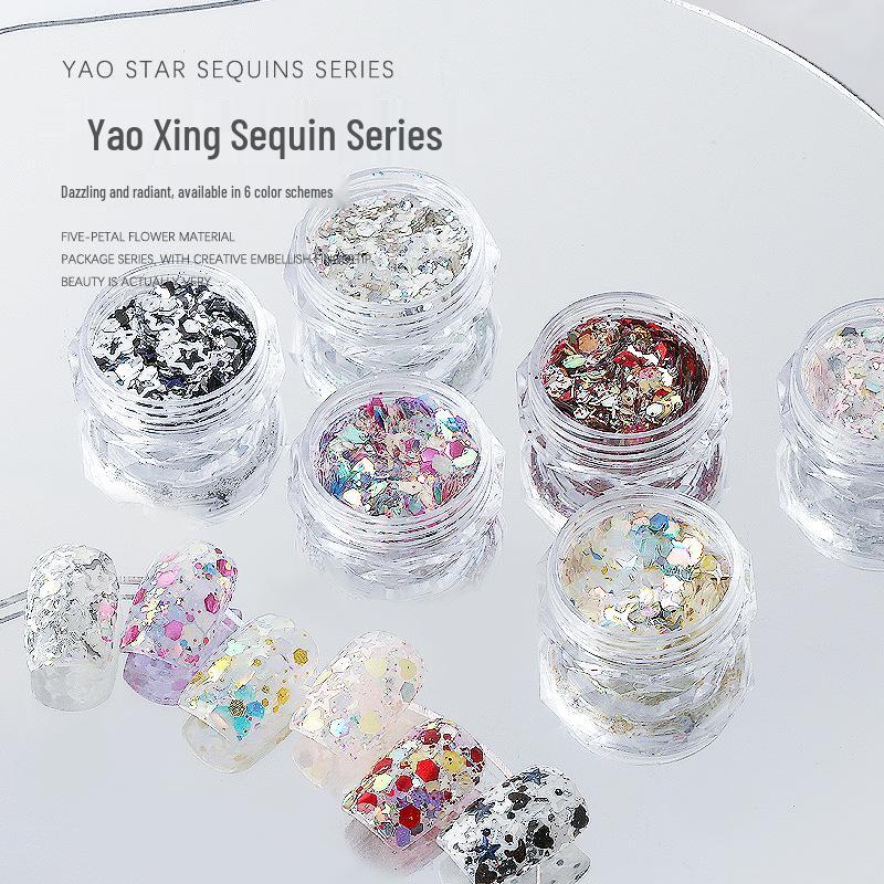 Yao Xing Nail Art Glitter Mix: Coarse & Fine Sequins, Five-Pointed Stars, Irregular Hexagons