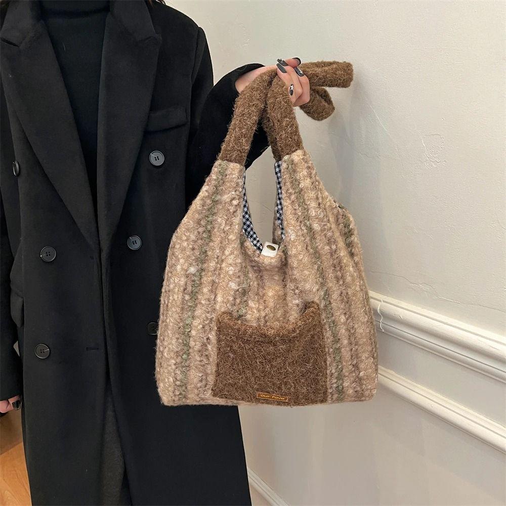 Plaid Printed Plush Shoulder Bag Creative Striped Tote Bag Gift Women's Shopping Bag  Outdoor