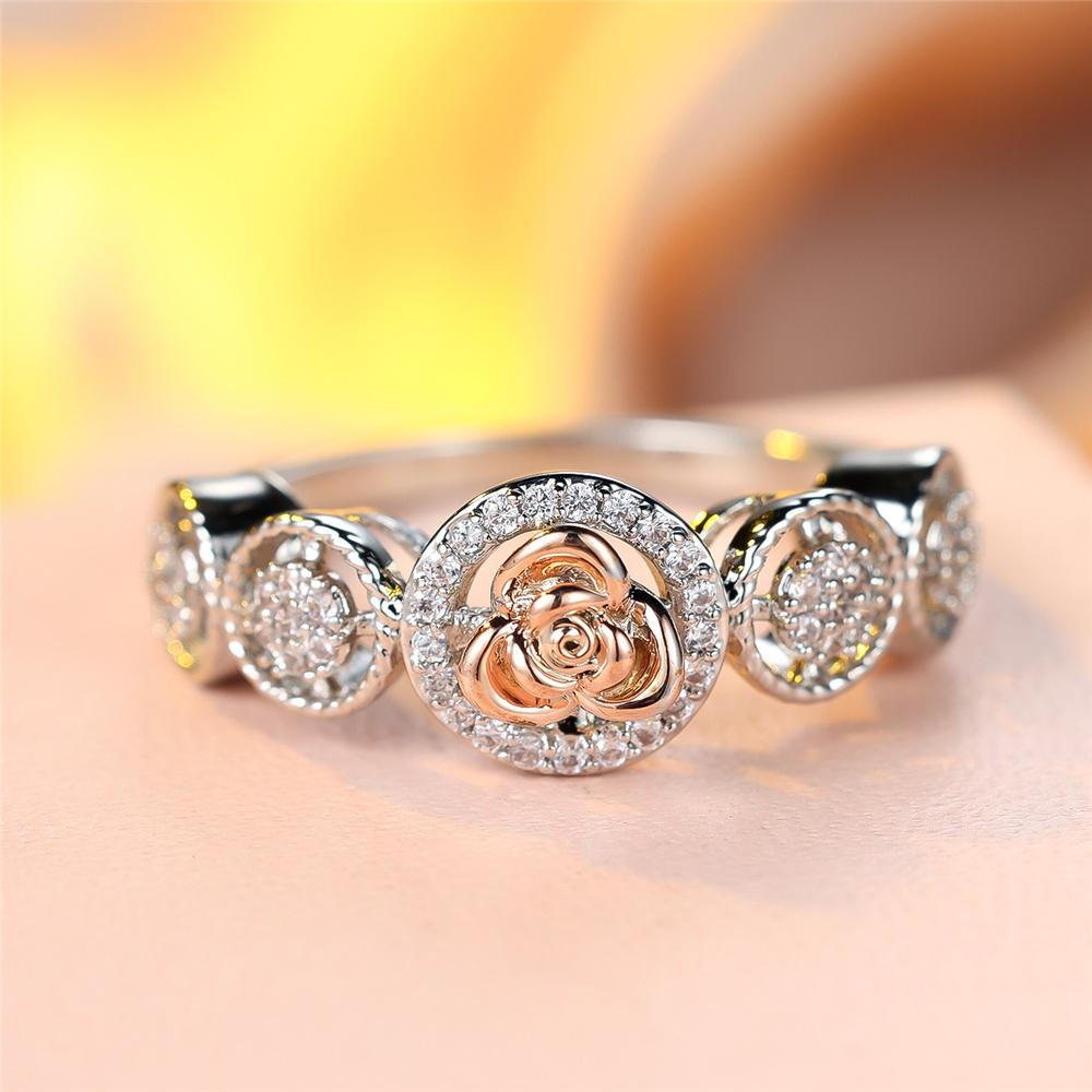 Cute Female White Zircon Round Stone Silver Color Wedding Promise Engagement Flower Rings For Women