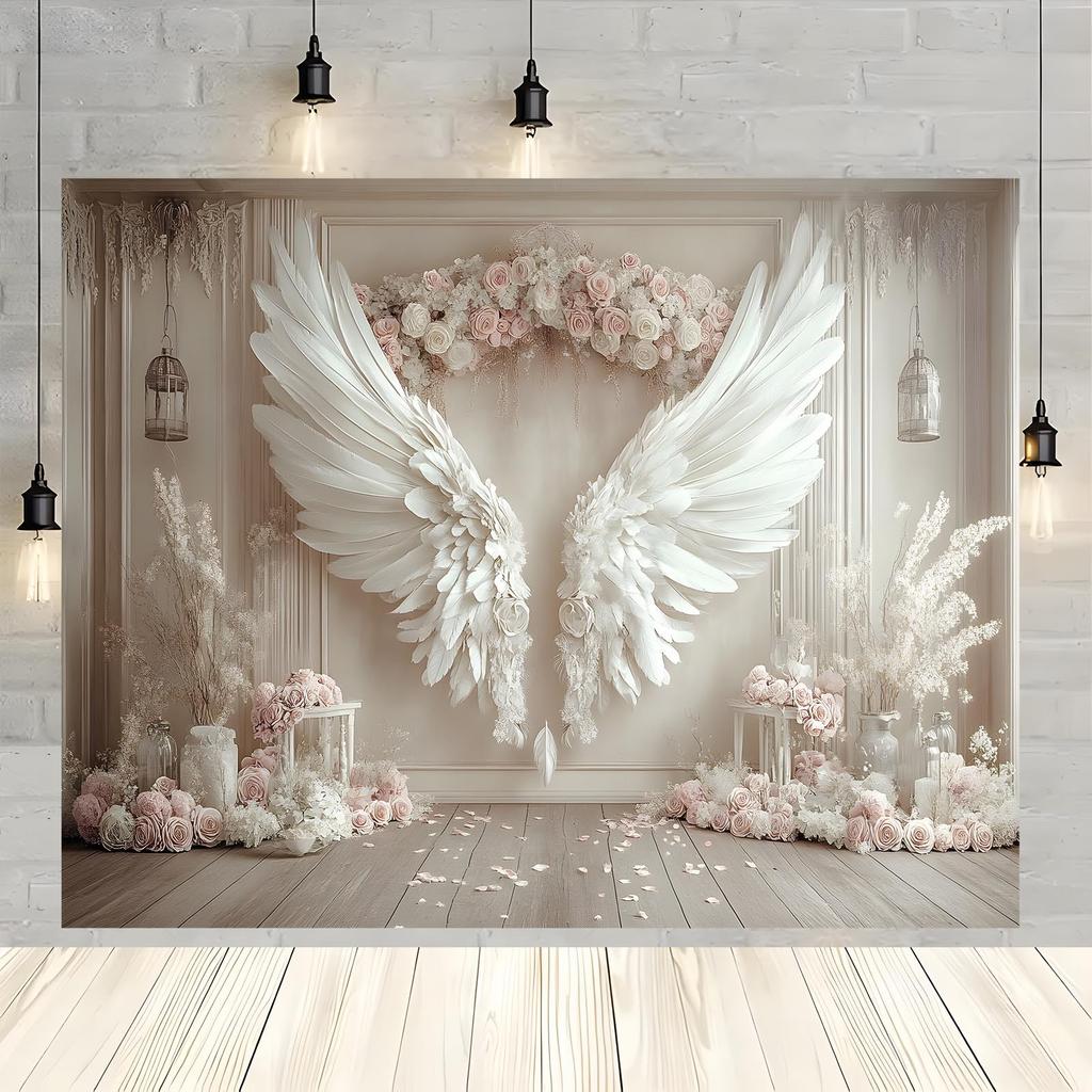 1 White Angel Wing Background Banner, Polyester Photography Wall Decoration, Suitable for Weddings, Birthdays, Anniversaries