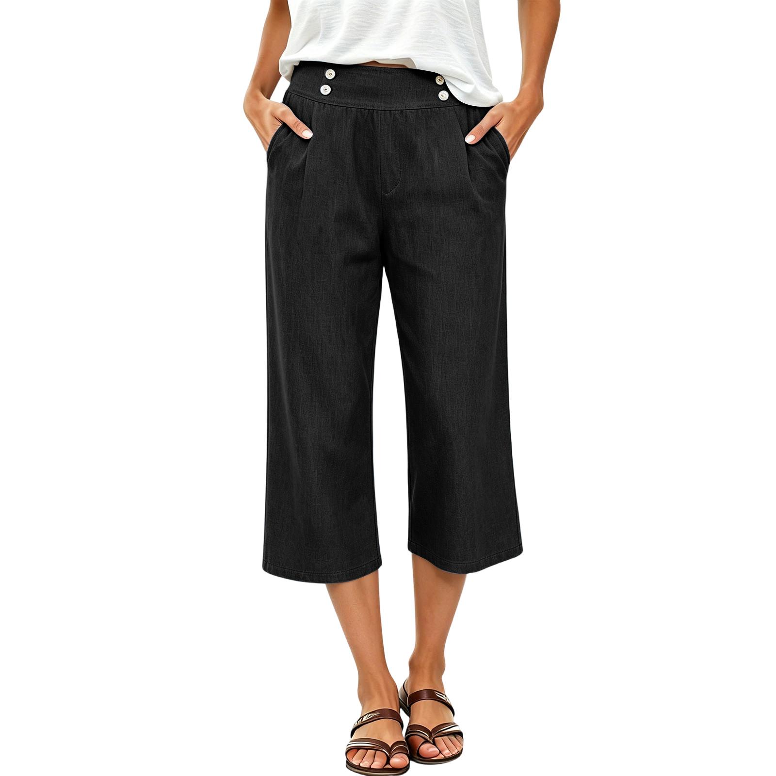 

Women’s Wide Leg Cropped Pants with High Waist Button and Relaxed Fit for Casual Everyday Wear XXL чёрный
