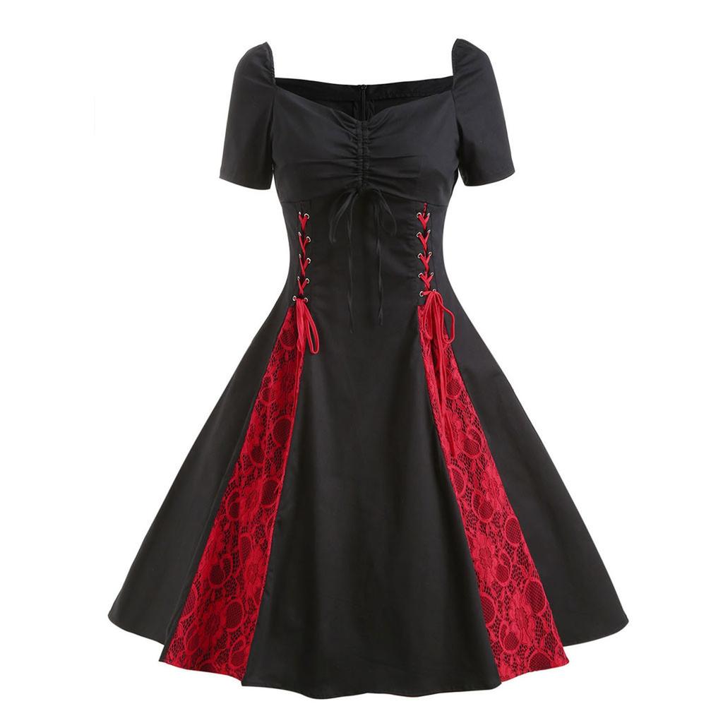 Fashion Women Short Sleeve Gothic Lace Rockabilly Evening Prom Swing Punk Dress