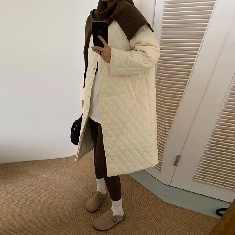 

Корейский пуховик люкс женский длинный зимний новый до колена ромбовидный вязаный шаль теплая куртка большой размер прилив One size