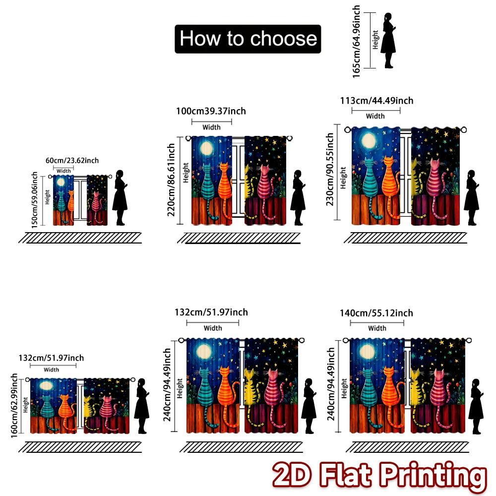 Flat Printing Window Drapes Colorful Cats Under Moon Digital Printed Polyester Holiday Decorations Use Indoor Curtains Set Of 2 Made