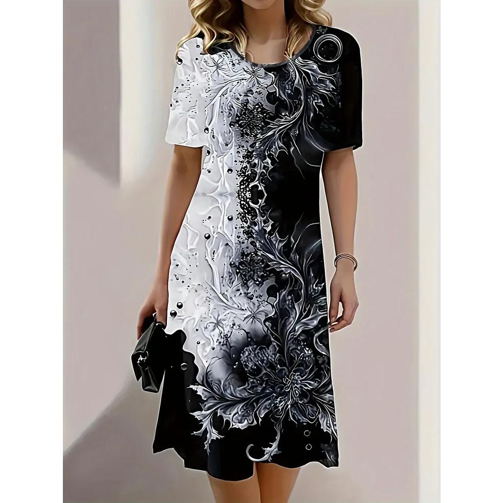 Comfortable Simple Printed T-shirt Dress Fashionable Versatile Casual Dresses S