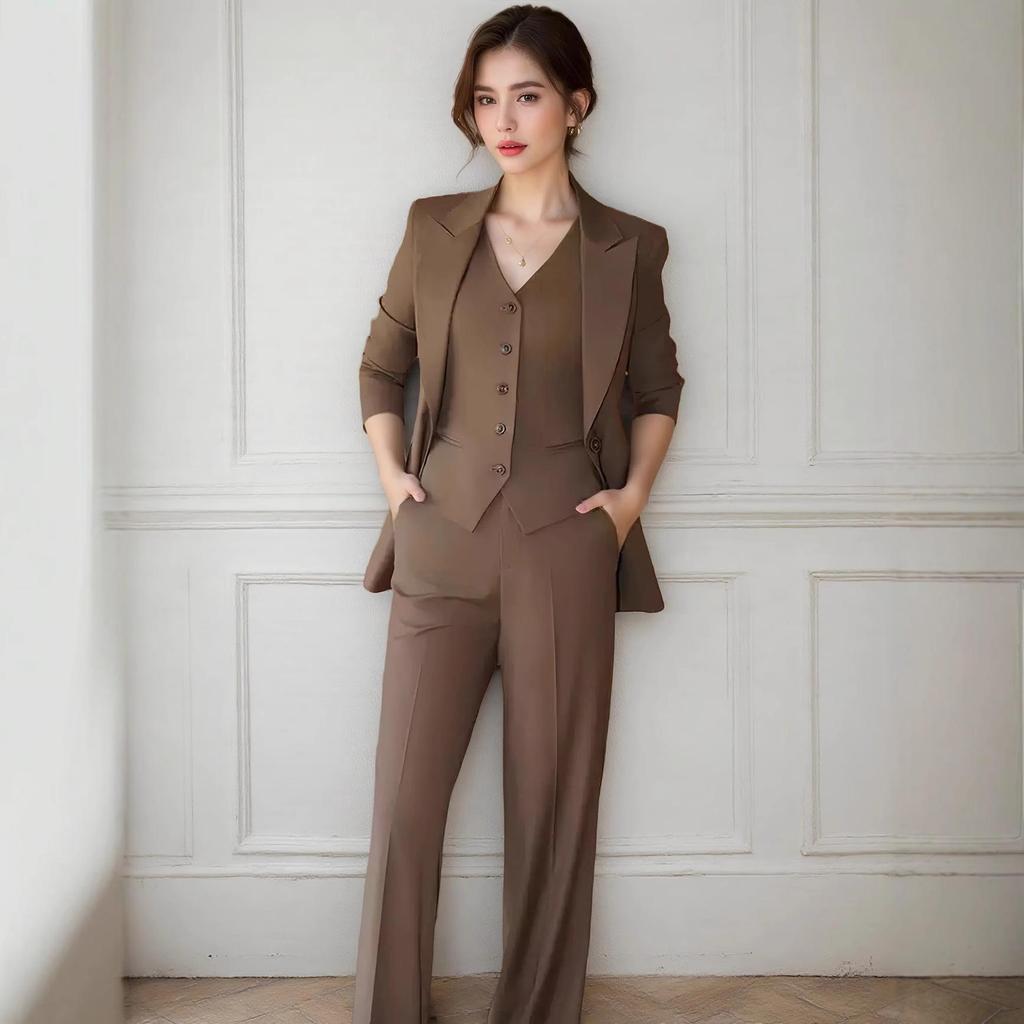 Women's Dark Brown Lyocell Blazer with Wide-Leg Pants Three-Piece Business Set
