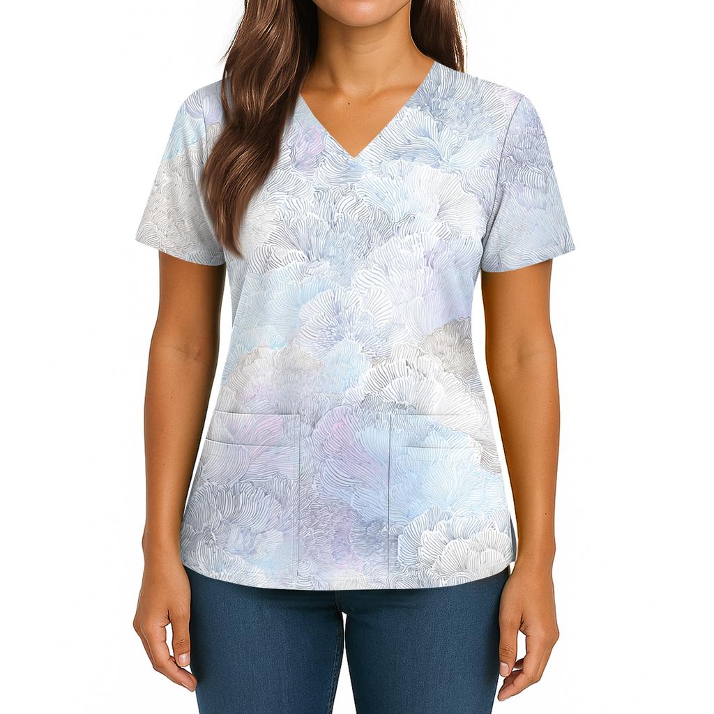 Women's Gradient Print V-Neck Double Pocket Short Sleeves Hem Slit Uniform Caregiver Top