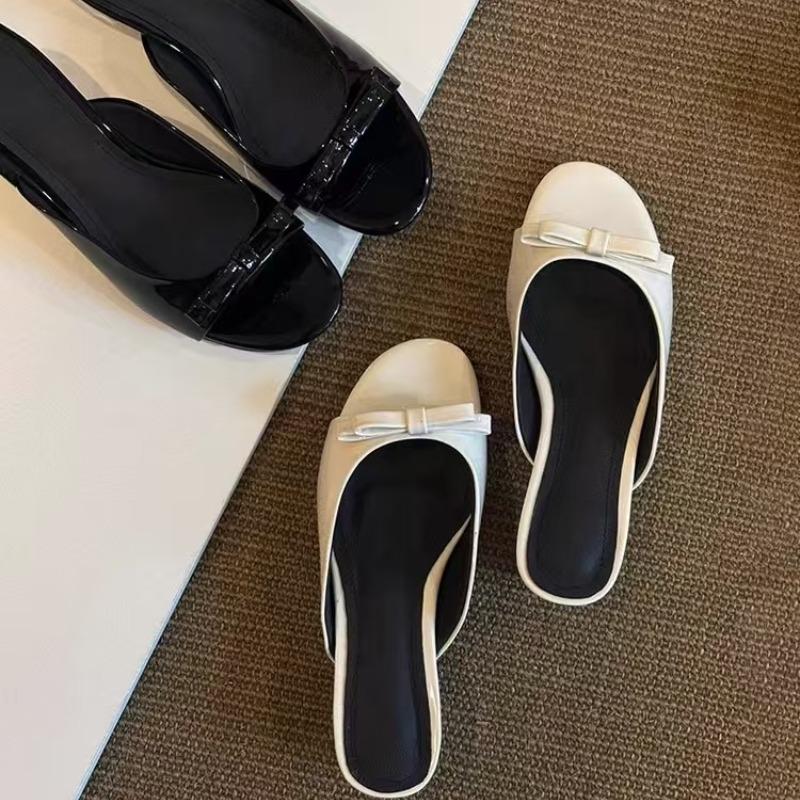 Fashion Women's Summer Patent Leather Butterfly-knot Slippers Street Style Square Toe Dress Shoes Outdoor Ladies Thick Heel Slides