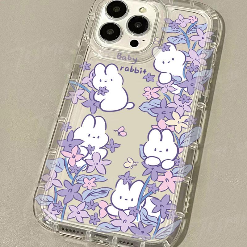 Cute Rabbit Colorful Flower Case for iPhone 17 16 15 14 13 12 11 Pro Max XR XS X 8 7  Shockproof Transparent Cover