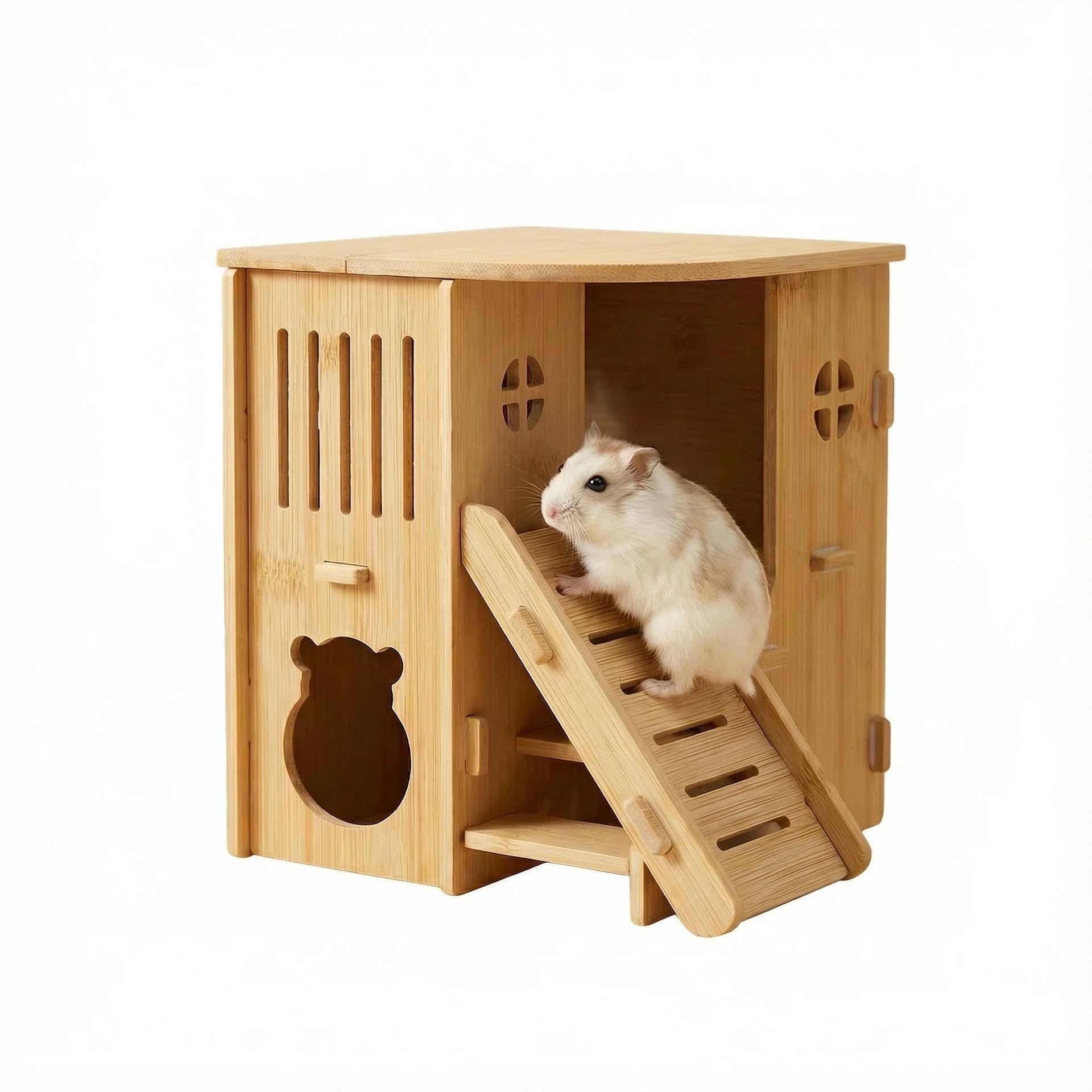 Multi-Chamber Hamster Hideout & House Natural Wood Small Animal Cage Accessories for Dwarf Hamsters Gerbils and Mice Ventilated Design with Structure