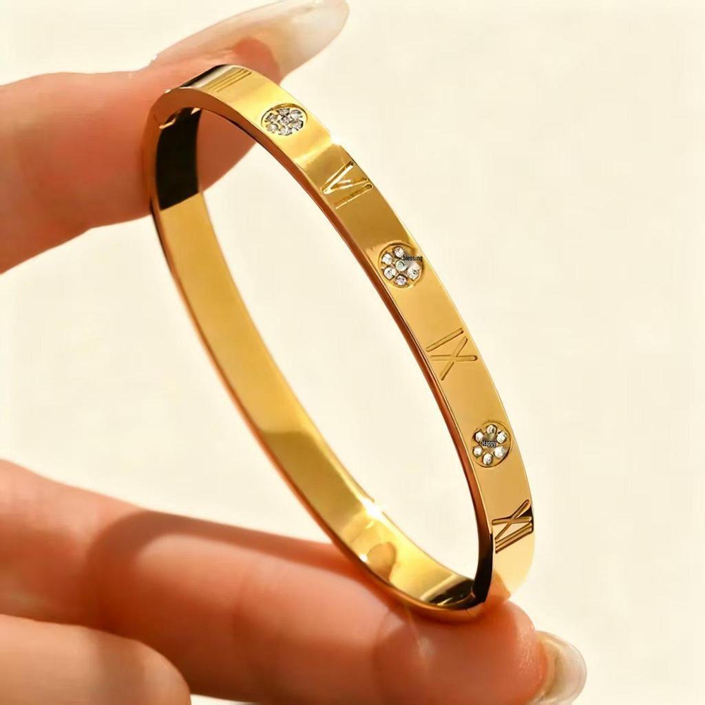 Simple Fashion Roman Numeral Titanium Steel Bracelet with Diamond Inlay for Women - Double Layer Buckle, Colorfast Jewelry.