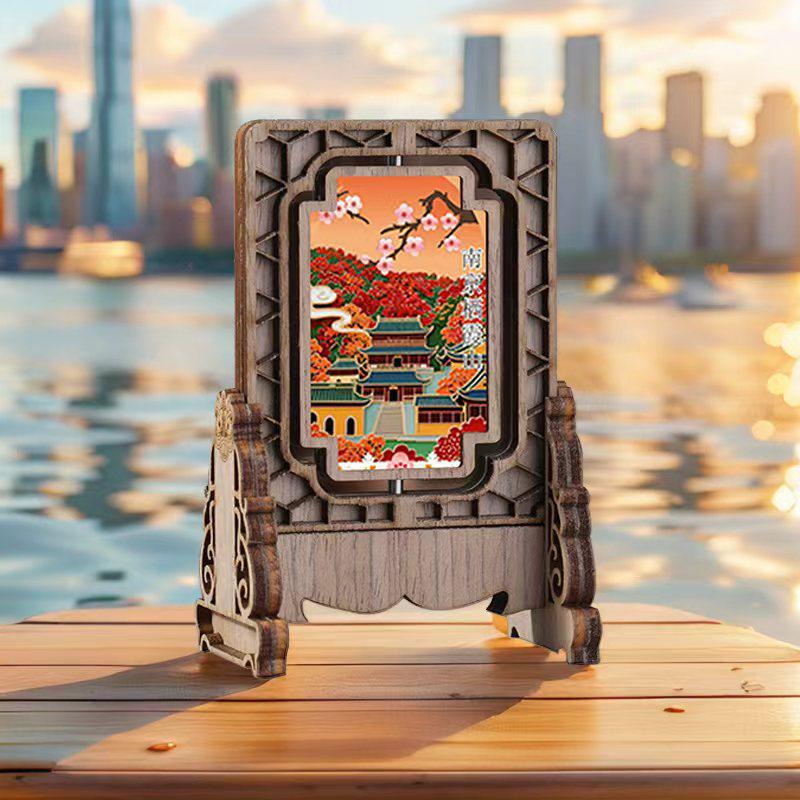 Nanjing Scenery Rotating Magnet: National Tide Retro Wood Ornament