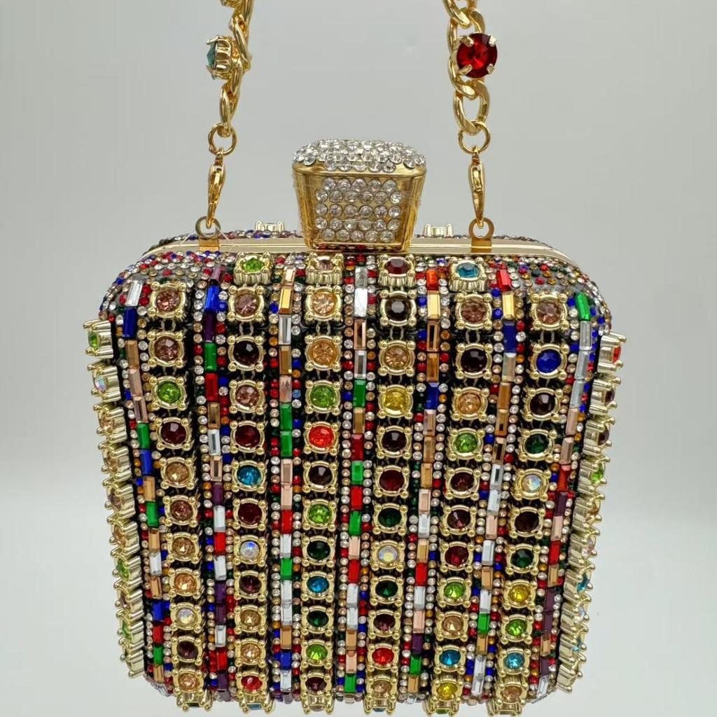 Handmade Diamond Encrusted Square Clutch Evening Bag Small Size Portable Sparkling Polyester Fiber Dinner Bag for Women