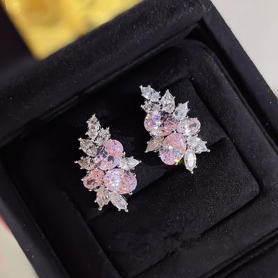 Süße rosafarbene Zirkonia-Ohrstecker für Damen, silberfarben, modische Ohrpiercing-Accessoires, Hochzeitspartyschmuck