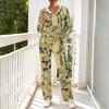 Women's Casual V-Neck Printed Hooded Pajama Set with Pockets Long Sleeve Loose Fit Loungewear