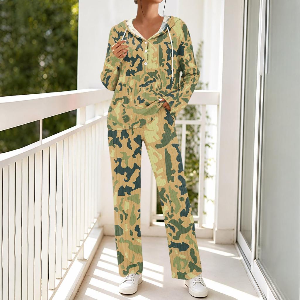 Women's Casual V-Neck Printed Hooded Pajama Set with Pockets Long Sleeve Loose Fit Loungewear