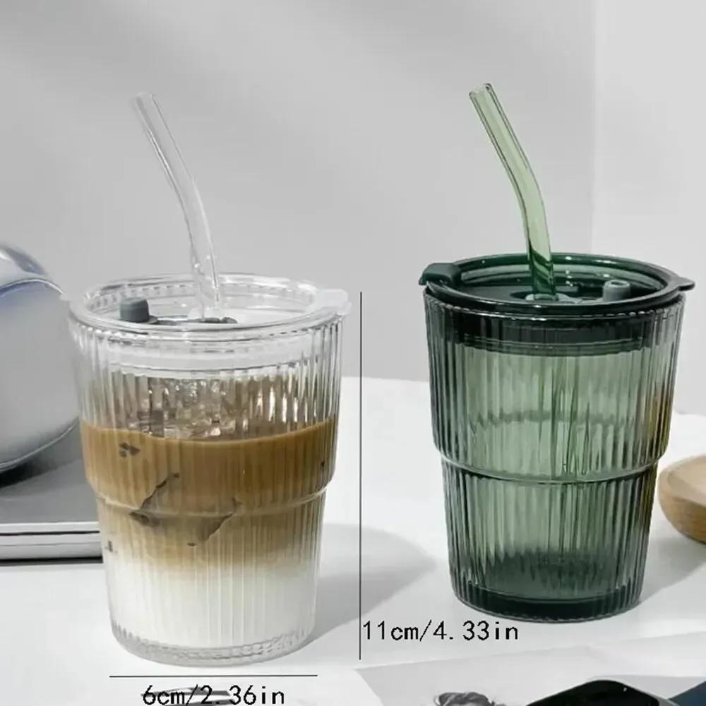 400ml Glasmugg Transparent Läckagesäker Kaffemugg Högtemperaturbeständig Tekopp Vattenflaska Dryckesvaror med Lock och Sugrör