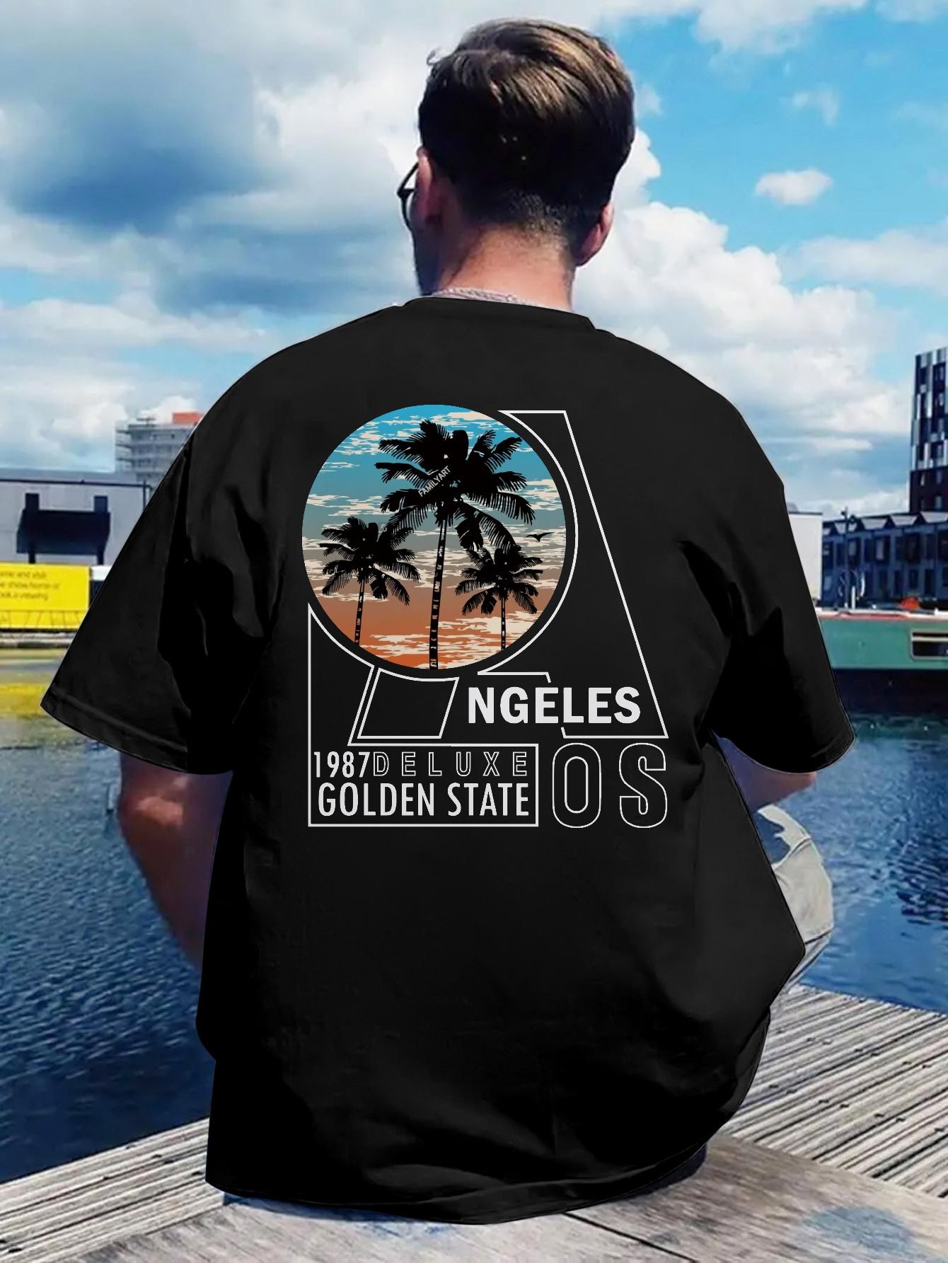 Tropical Back Print T-shirt - Beach Vacation Shirt with Palm Tree Sunset Design M