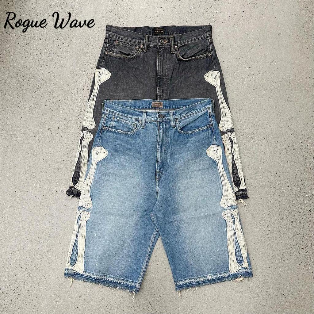 RogueWave Harajuku Street Trend Y2K Broderie cu Os Blugi cu Cinci Buzunare Pantaloni Drepti Largi Blugi Spălați Pantaloni Scurți de Vară