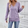 Women Tops V-Neck Long Sleeve Side Buttons Decor Casual Pullover Tops Solid Color Spring Autumn Blouse