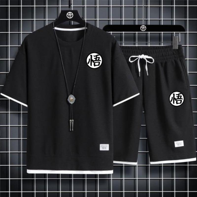 

Летние мужские топы + брюки, комплект из 2 предметов, Повседневная футболка с принтом японского аниме и шорты с коротким рукавом, баскетбольная спортивная одежда M