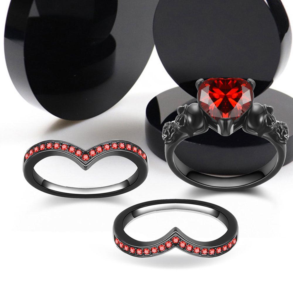 Set di Anelli di Fidanzamento Teschio Fiore Rosa Nero Gotico Zircone Cristallo Cuore Rosso Viola Regalo per Anniversario Festa della Mamma Gioielli