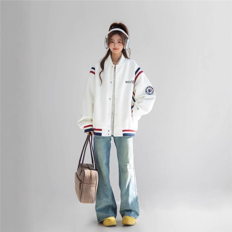 CHANT2nd American Retro Embroidered Baseball Jacket - Women's Spring/Fall Color Block Patchwork
