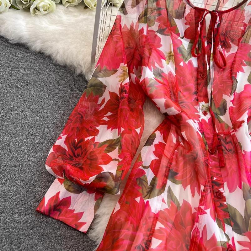 Camisole Dress for Holiday Temperament Floral Chiffon Vestidos Bandage Print Femme Robe Korean Casual Office Lady Ropa Mujer