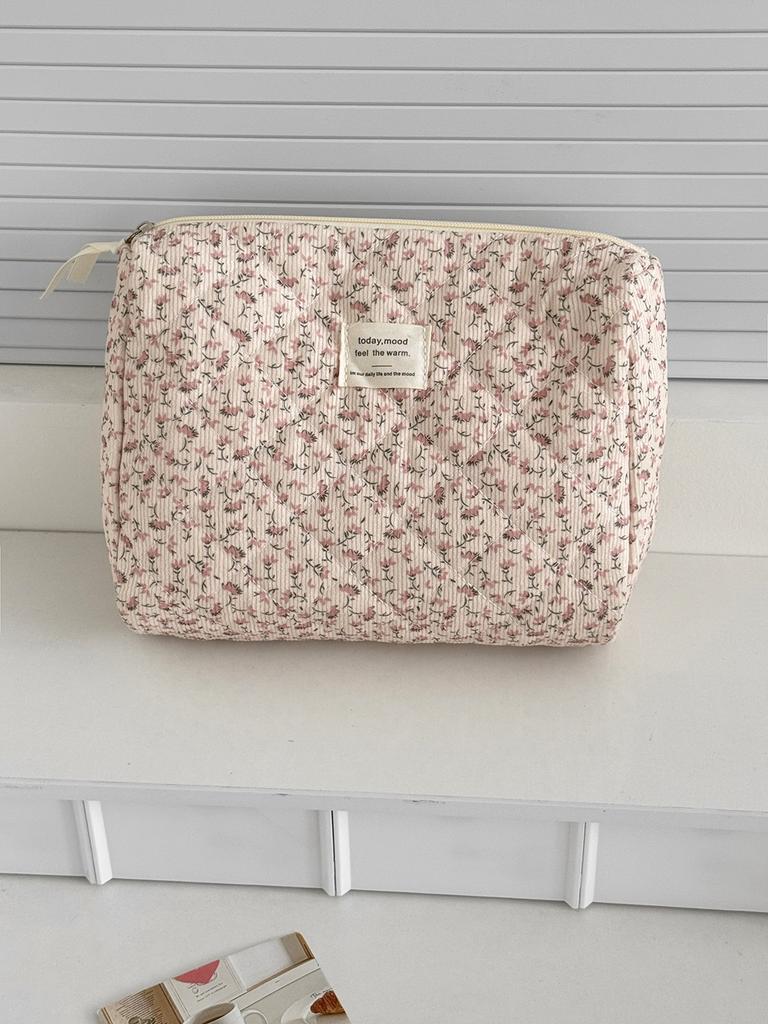 Corduroy Floral Print Makeup Bag, Cosmetic Pouch Clutch for Women, Travel Toiletry