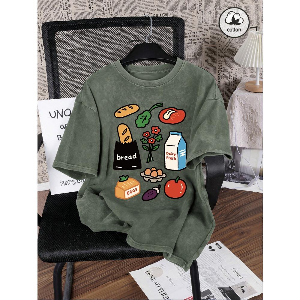 

Bread Eggs Dairy Fresh Milk Print Washed T-Shirt Women Summer Casual T Shirt Cotton Loose Short Sleeve O-Neck Clothes 3XL