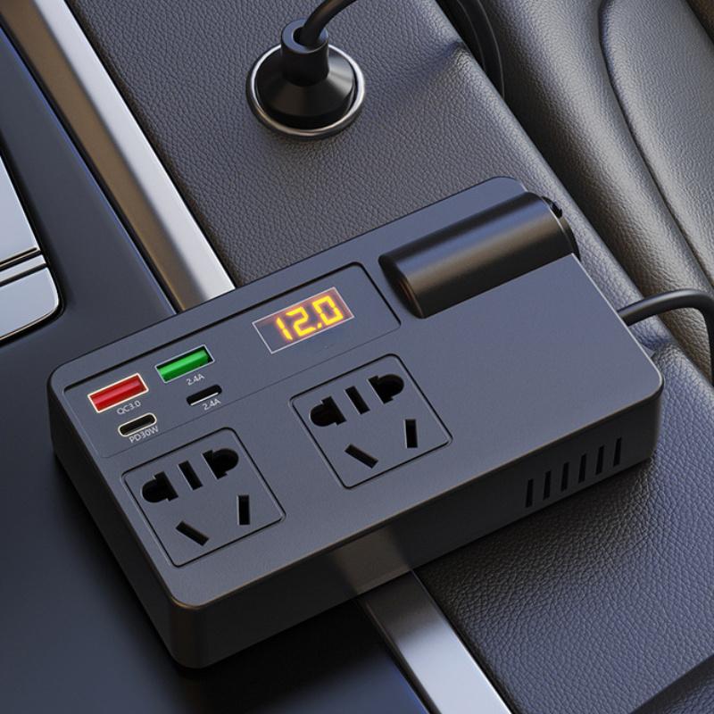 Intelligenter 4-Port-Auto-Wechselrichter mit QC3.0, Typ-C PD und LED-Anzeige – Universelles 12–24-V-Fahrzeugladegerät