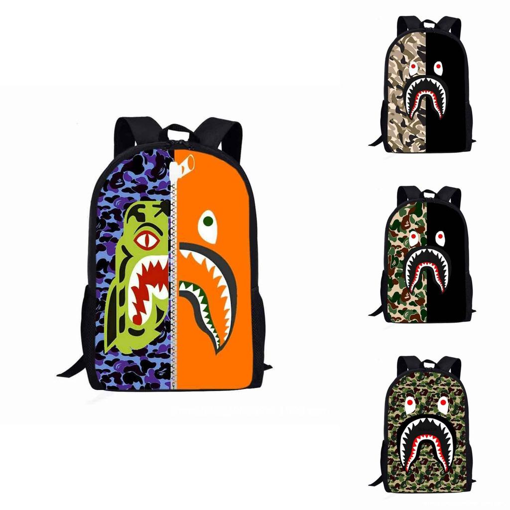 17inch Camouflage Shark Pattern Student Backpack With Breathable Lightweight Oxford Fabric For School Use