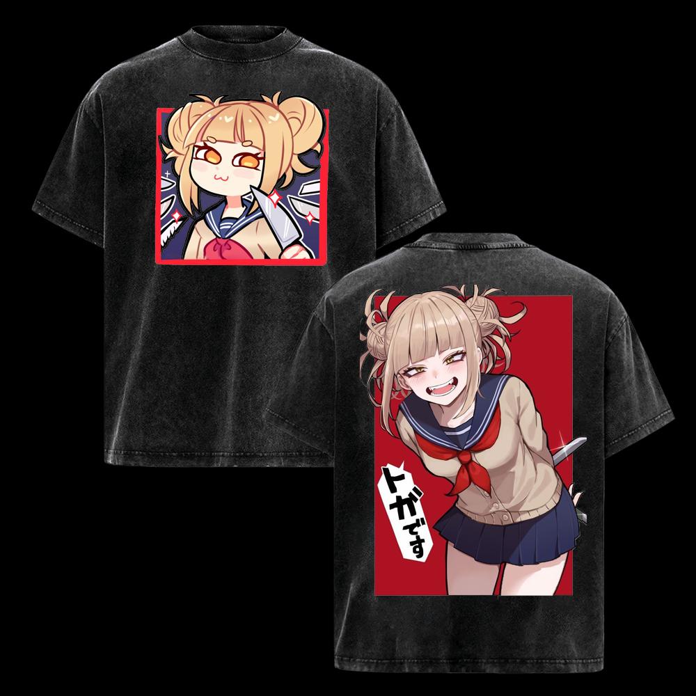 Vintage Washed My Hero Academia Toga Himiko Anime T-shirt Tshirt For Men Women Clothing Short Sleeve Pure Cotton Tees Tops