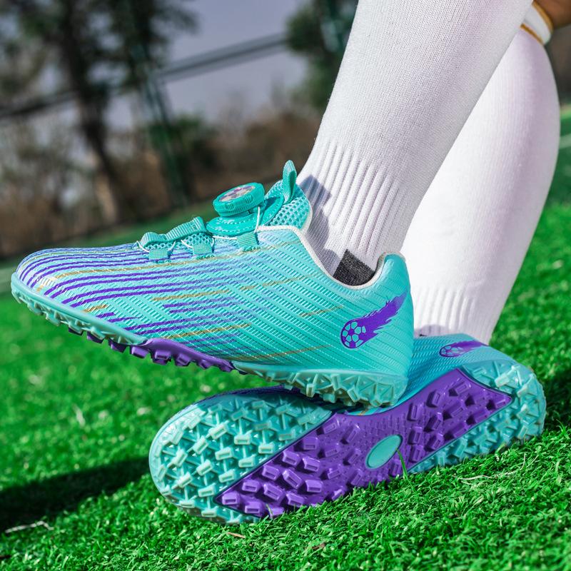 Children's Football Shoes, Boys and Girls Rotating Buckle Artificial Grass Flat-bottomed Broken Nail Training Shoes Outdoor Sports Shoes