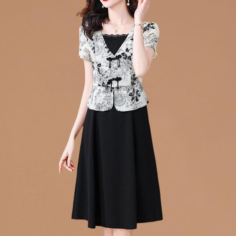 Mom's Elegant Patchwork Two-Piece Mid-Length Dress