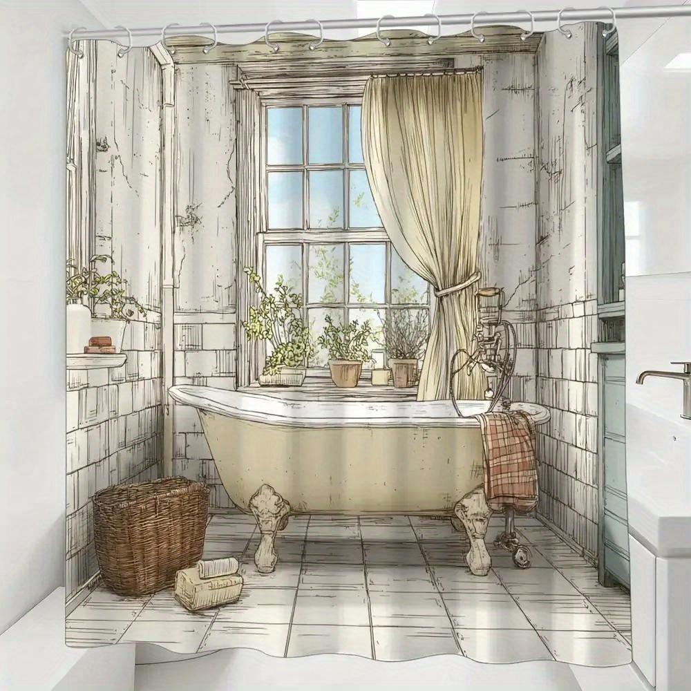 

Vintage Sketch Style Bathtub With Window And Plants Shower Curtain Machine Washable All Season Waterproof Privacy Protection W60H190(CM)-1 Pcs