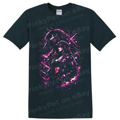 Cyberpunk Anime Warrior Female T Shirt Neon Pink Blue Glitch Art Graphic Tee