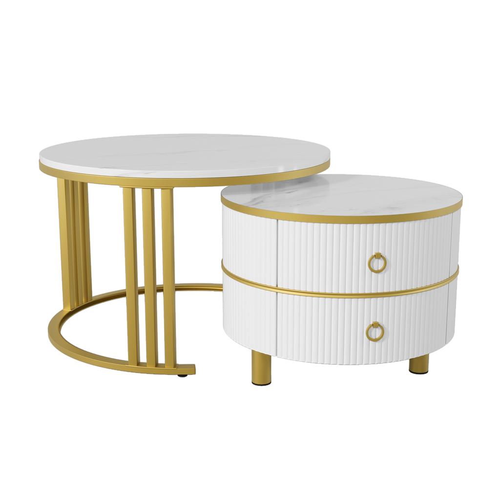 2-in-1 Runder MDF-Couchtisch, Beistelltisch mit glänzender Oberfläche und weißer Marmorplatte, Wohnzimmertisch-Kombination mit 2 Schubladen, 70*70*46 + 50*50*40 cm