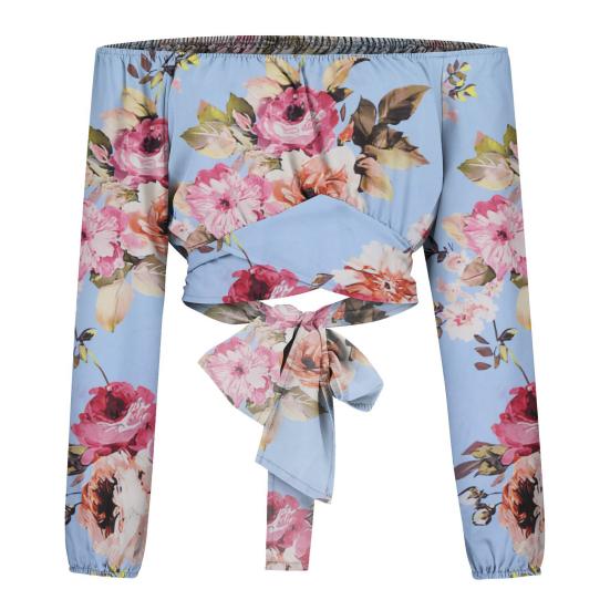 

Цветочный принт с перекрестным ремешком и открытым пупком, женская блузка с открытыми плечами, пуловер с длинными рукавами и фонариком, топ, клубная одежда L светло-синий
